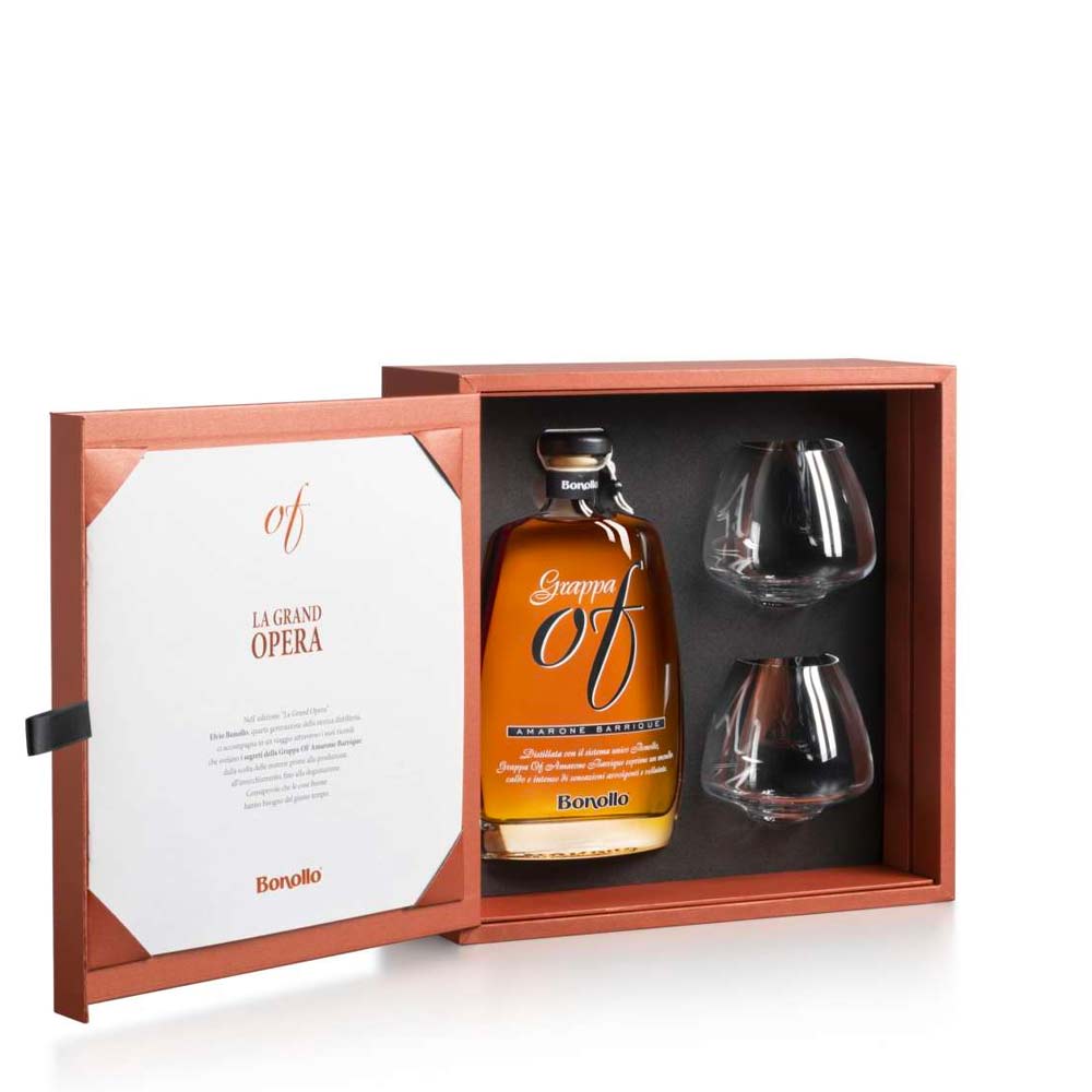 Grappa Bonollo Of Amarone Barrique " La Grand Opera" Cl 70 Cofanetto Regalo con 2 Bicchieri